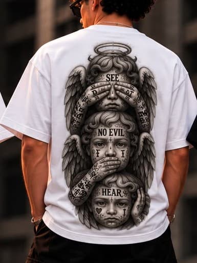 Espalda de camiseta blanca con tres ángeles tatuados y con halo: «See», «No evil» y «Hear»