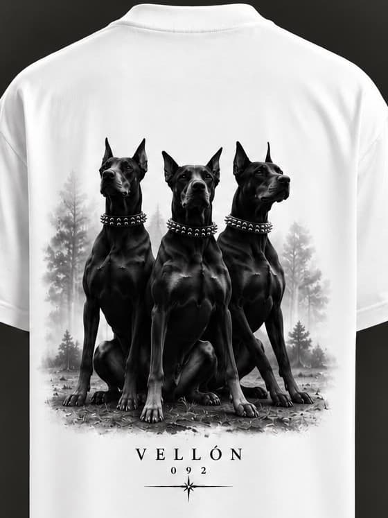 Espalda de camiseta blanca con tres dóbermans con collar de púas sobre un bosque en niebla, y VELLÓN 092 debajo