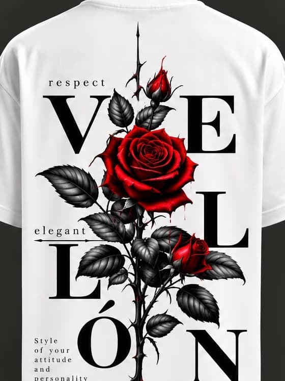 Espalda de camiseta blanca con VELLÓN en letras serif verticales y una rosa roja con espinas y hojas negras; en el frente, una rosa con corona dorada